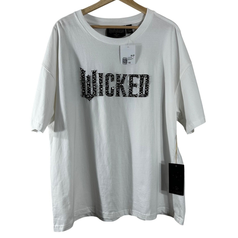 Wicked x Forever 21 Plus White Rhinestone Logo Graphic T-Shirt Size 1X NEW